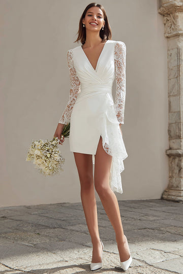 Ivory V-Neck Bodycon Ruched Lace Sleeves Short Wedding Dress with Slit